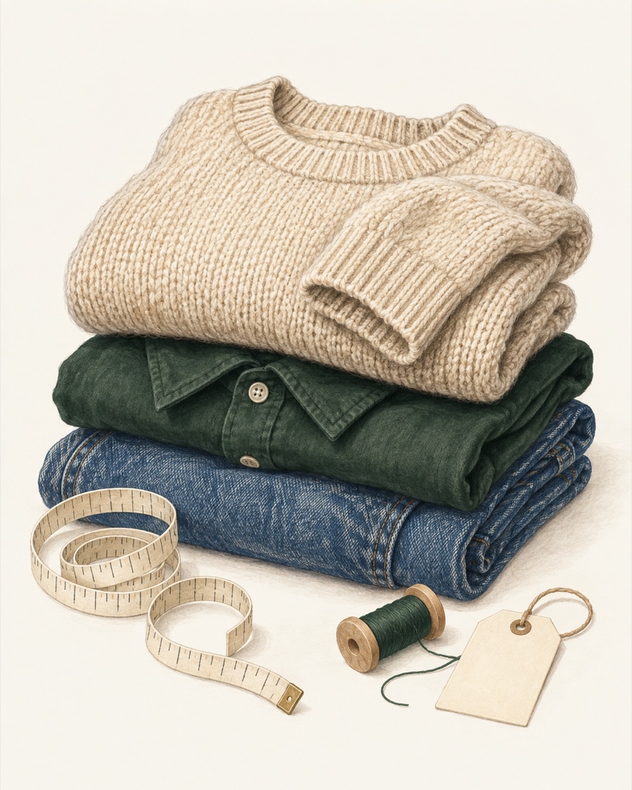 Hand-drawn folded knitwear, a green shirt and jeans, with a measuring tape and sewing thread